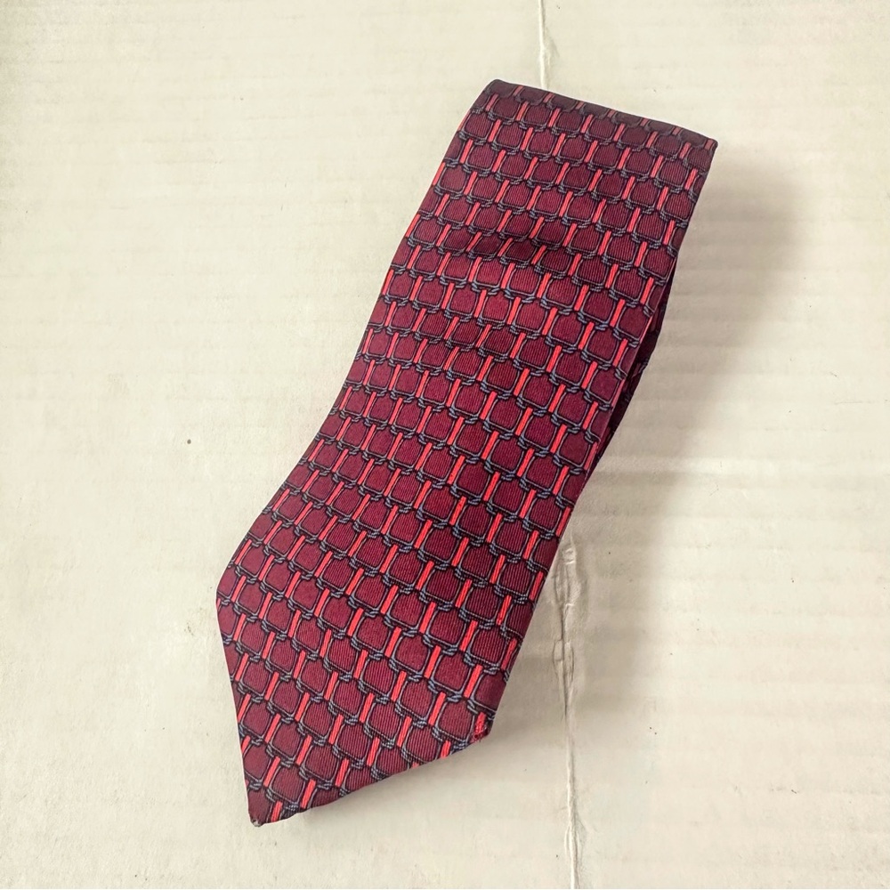 Hermès Silk Tie Luxury Burgundy, Red & Blue Equestrian Geometric Print Silk Tie - Picture 6 of 8